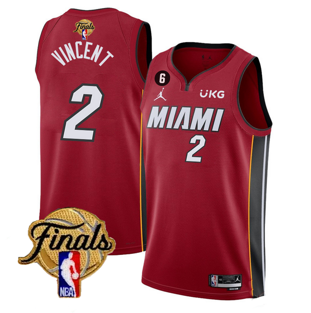 Men's Miami Heat #2 Gabe Vincent Red 2023 Finals Statement Edition With NO.6 Patch Stitched Basketball Jersey
